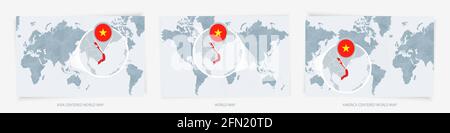 Trois versions de la carte du monde avec la carte agrandie du Vietnam avec drapeau. Cartes du monde centrées sur l'Europe, l'Asie et l'Amérique. Illustration de Vecteur