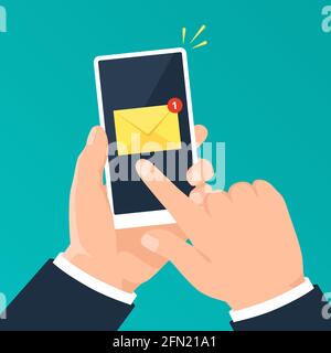 Notification par e-mail sur le téléphone. Smartphone portable avec notification par e-mail. Alerte de nouveau message sur écran mobile, concept de vecteur d'application de messagerie. Lettre ou avis non lu sur le téléphone portable Illustration de Vecteur