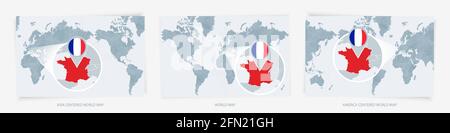 Trois versions de la carte du monde avec la carte agrandie de la France avec drapeau. Cartes du monde centrées sur l'Europe, l'Asie et l'Amérique. Illustration de Vecteur