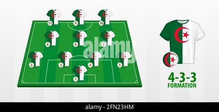 Formation de l'équipe nationale de football d'Algérie sur le terrain de football. Demi-terrain vert avec maillots de football de l'équipe algérienne. Illustration de Vecteur