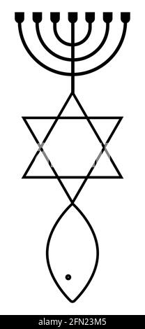 Symboles religieux traditionnels juifs. Menorah, étoile de David et de poisson ligne noire illustration de vecteur isolé. Illustration de Vecteur