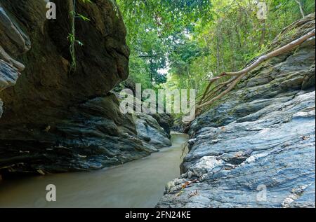 Une grande cascade à côté d'un mur de roche, UNE vue panoramique dans une forêt à Wang Sila Lang, Nan, Thaïlande Banque D'Images