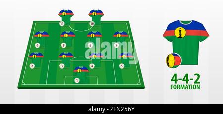 Formation de l'équipe nationale de football de la Nouvelle-Calédonie sur le terrain de football. Demi-terrain vert avec maillots de football de l'équipe de Nouvelle-Calédonie. Illustration de Vecteur