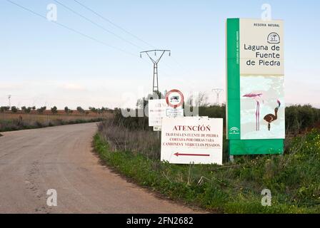 Panneau instructif au lagon de Fuente de Piedra, zone de reproduction importante pour le Grand Flamingo Pnoenicopterus. Banque D'Images