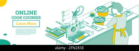 École de cuisine en ligne Isométrique. Femme cuisante soupe sur la cuisinière électrique. Cours de cuisine. Illustration vectorielle. Didacticiel vidéo ou webinaire. Illustration de Vecteur