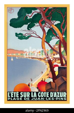 Années 1930 l'ETE SUR LA CÔTE d'AZUR plage de Juan-les-pins au sud de la France par Roger Broders PLM French Railway Travel Poster Art Deco PLM Railway Poster pour ‘le momer sur la Côte d'Azur’ Juan-les-Pins affiches de voyage anciennes, côte d'azur, Banque D'Images