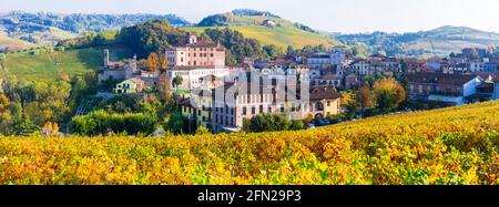 Castello di Barolo et village - célèbre région viticole de l'Italie Piémont (Piémont). Paysage pittoresque des vignobles Banque D'Images