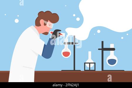 Expérience en laboratoire chimique, recherche scientifique, illustration vectorielle du concept éducatif. Caricature chimiste personnage scientifique dans un masque de protection tenant un tube à essai de laboratoire, chercheur en arrière-plan de travail Illustration de Vecteur