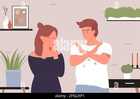 Illustration du vecteur querelle des familles. Caricature jeune homme en colère personnage quereling dans la colère, frustrée triste femme pleure, malheureux couple arguant, mauvais abus conflit de relations fond Illustration de Vecteur