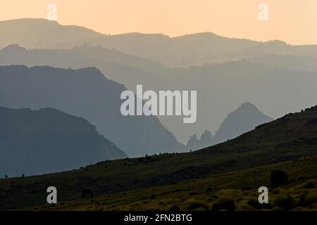 Coucher du soleil à couper le souffle sur le parc national des montagnes du Simien, l'Éthiopie. Banque D'Images