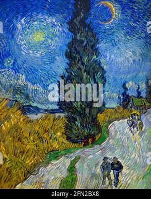 Route de campagne en Provence de nuit, route avec cyprès et étoile, Vincent van Gogh, 1890, Musée Kroller-Muller, Parc national Hoge Veluwe, Otterlo, Neth Banque D'Images