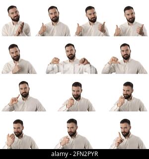 Ensemble de l'homme d'affaires claquant, montrant les pouces vers le haut et vers le bas divers gestes. Collection de portraits isolée sur fond blanc. Banque D'Images