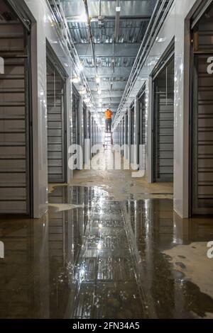 Ouvrier de construction électricien câblage des lumières sur échelle à l'intérieur du bâtiment commercial en construction. Banque D'Images