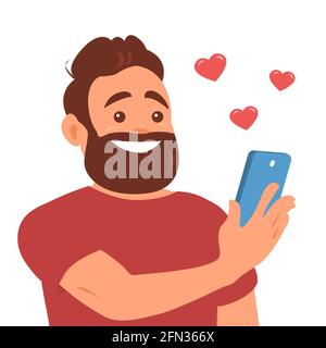 Un jeune homme aime sur les réseaux sociaux. Smartphone à portée de main. Un visage avec une barbe et un sourire heureux. Illustration de dessin animé vectoriel. Illustration de Vecteur