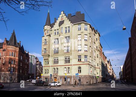 Satamakatu 5. Architecture Jugendstil ou Art Nouveau dans le quartier de Katajanokka à Helsinki, en Finlande. Banque D'Images