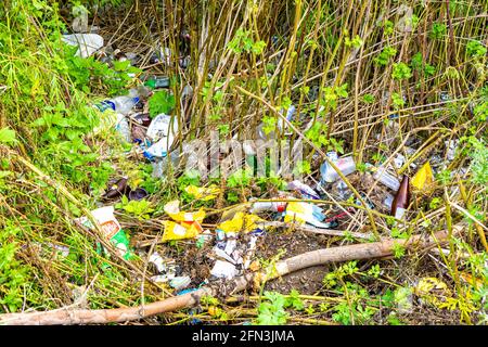 Kemerovo, Russie - 27 août 2019. Pile de déchets d'emballage laissés dans la forêt après le reste des personnes irresponsables va se décomposer pendant de nombreuses années, po Banque D'Images