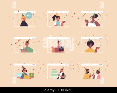 mettez les gens dans des chapeaux de fête célébrant le mélange de fête d'anniversaire en ligne race hommes femmes dans les fenêtres d'ordinateur Illustration de Vecteur