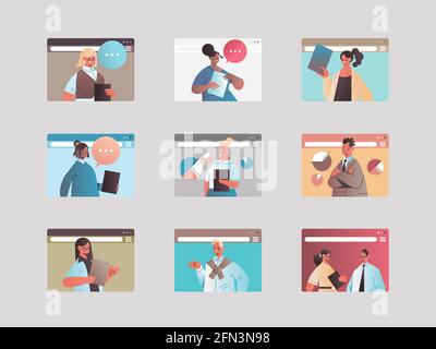 définissez mix race business personnes discutant en ligne dans computer web fenêtre de navigateur chat de communication bulle Illustration de Vecteur