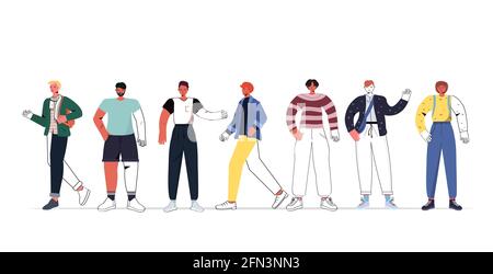 agencez les hommes de course dans des vêtements tendance et décontractés, dessins animés pour hommes collection de caractères horizontale pleine longueur Illustration de Vecteur
