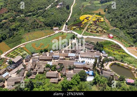 Vue aérienne des rizières colorées dans le comté de Yiliang, Yunnan - Chine Banque D'Images