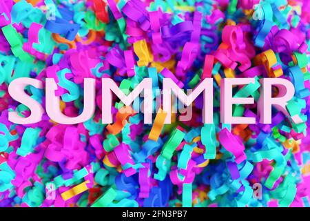 Illustration 3D inscription brillante ÉTÉ sur fond de lettres colorées. Promotion de la mode, de la beauté et des cosmétiques. Banderoles tendance soldes d'été. Banque D'Images
