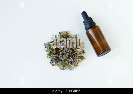 Bouteille cosmétique avec un échantillonneur et des herbes médicales sèches sur fond blanc. Banque D'Images