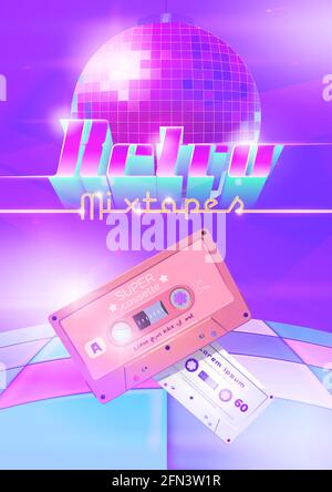 Affiche de dessin animé rétro mixtapes avec cassettes audio, boule disco et piste de danse. Mix Tapes store ad, appareils analogiques de style vintage pour la musique et le son, la culture des années 80, l'illustration vectorielle Illustration de Vecteur