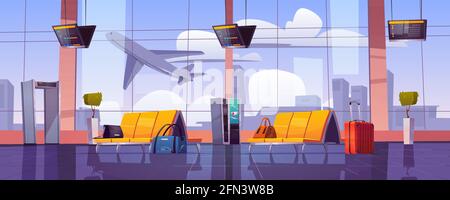Salle d'attente de l'aéroport avec décollage de l'avion depuis la fenêtre de la piste. Intérieur du terminal vide avec chaises, bagages, scanner de sécurité et affichage des horaires. Zone de départ, illustration du vecteur de dessin animé Illustration de Vecteur