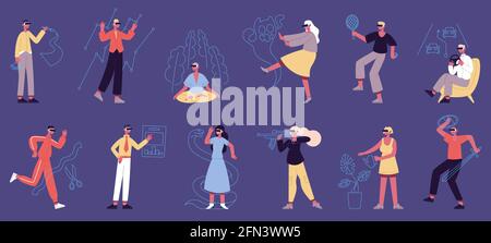 Les gens dans la réalité virtuelle. Les personnages masculins et féminins du casque vr jouent, apprennent et créent un jeu d'illustrations vectorielles. Réalité virtuelle augmentée Illustration de Vecteur