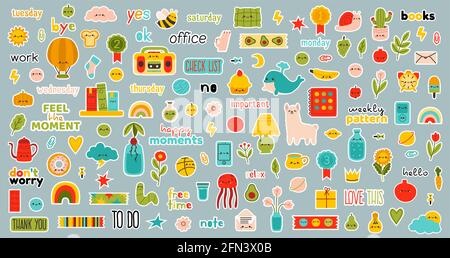 Autocollants du planificateur quotidien. Hebdomadaire bullet journal Doodle stickers, main dessiné cute planificateur quotidien éléments isolés vecteur symboles ensemble. Planificateur quotidien Illustration de Vecteur