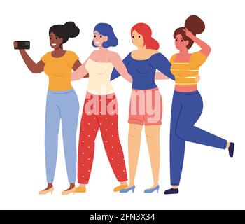 Des amies qui prennent le selfie. De jeunes filles heureuses posant pour l'illustration de vecteur de selfie de groupe. Concept d'amitié féminine Illustration de Vecteur