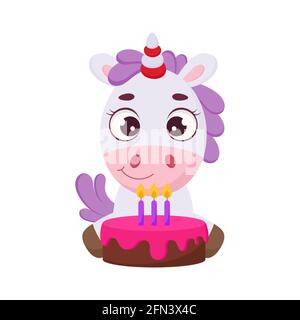 Une jolie licorne magique avec gâteau. Drôle de magie unicorn personnage de dessin animé pour l'impression, cartes, douche de bébé, invitation, fonds d'écran, décor. Couleur vive Illustration de Vecteur