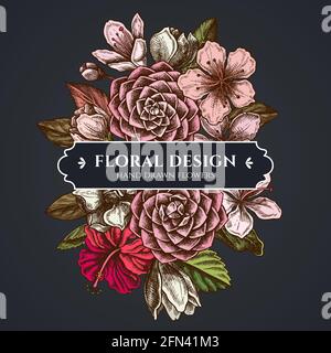 Bouquet floral noir avec hibiscus, fleurs de prune, fleurs de pêche, fleurs de sakura, fleurs de magnolia, camellia japonica Illustration de Vecteur