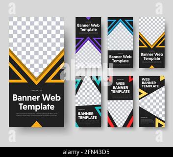 Modèles de bannières web verticales noires vectorielles avec triangles de couleur et place pour la photo. Ensemble de conceptions de taille standard. Illustration de Vecteur