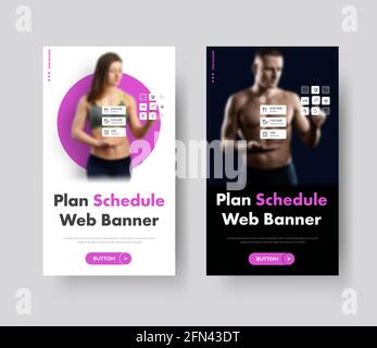 Modèle vectoriel de bannières Web verticales avec place pour photo et interface quotidienne interactive. Design noir et blanc avec place pour photo et Illustration de Vecteur