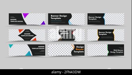 Conception de bannières web vectorielles noires horizontales avec des triangles et des lignes de couleur et place pour la photo. Ensemble de modèles pour notre activité publicitaire. Illustration de Vecteur