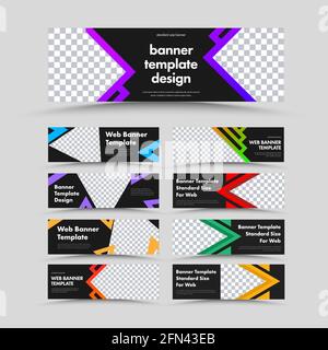 Ensemble de bannières web vectorielles noires horizontales avec emplacement pour photo et texte, triangles colorés et flèches. Modèles de conception pour le secteur de la publicité. Illustration de Vecteur