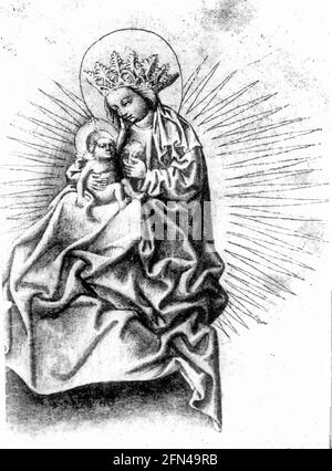 Religion, Christianisme, Madonna / Marie avec l'enfant, Marie couronnée, dessin de plume, Frankish, vers 1430, INFO-AUTORISATION-DROITS-SUPPLÉMENTAIRES-NON-DISPONIBLE Banque D'Images