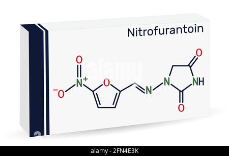 Molécule de nitrofurantoine. Il est nitrofurane antibiotique utilisé pour traiter les infections des voies urinaires. Emballage en papier pour médicaments. Illustration vectorielle Illustration de Vecteur