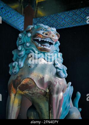 Statue d'un lion-chien gardien au sanctuaire Nikko Toshogu. Ancienne créature sacrée japonaise qui garde la porte de Yomeimon. Komainu doré avec une manne bleue. Banque D'Images
