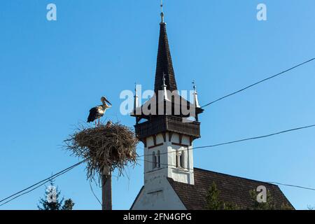 RÉGION DE ZAKARPATTIA, UKRAINE - 11 MAI 2021 - Un cigote blanc est vu dans le nid sur un poteau de puissance à côté d'une tourelle, région de Zakarpattia, ouest de l'Ukraine Banque D'Images