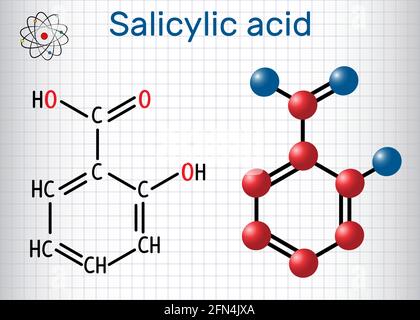 Molécule d'acide salicylique. C'est un type d'acide phénolique. Formule chimique structurelle et modèle moléculaire. Feuille de papier dans une cage. Illustration vectorielle Illustration de Vecteur