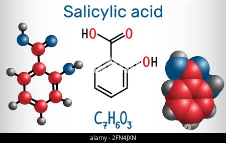 Molécule d'acide salicylique. C'est un type d'acide phénolique. Formule chimique structurelle et modèle moléculaire. Illustration vectorielle Illustration de Vecteur