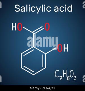 Molécule d'acide salicylique. C'est un type d'acide phénolique. Formule chimique structurale et modèle moléculaire sur fond bleu foncé. Illustrateur de vecteur Illustration de Vecteur