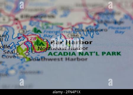 Bar Harbour Maine USA montré sur une carte de géographie ou carte routière Banque D'Images