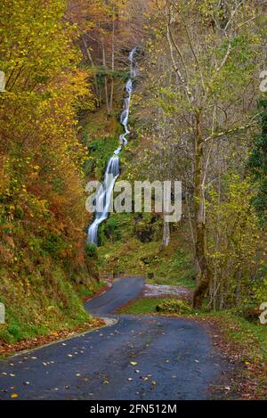 Rivière Toran et chute d'eau de la Saut d'Arbaet, en automne, dans la vallée de la Toran (Vallée de l'Aran, Catalogne, Espagne, Pyrénées) ESP: Río de Toran y cascada en otoño Banque D'Images