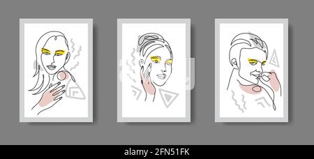 Faites face à une ligne. Portraits de fille, de femme et de femme. Icône vectorielle minimaliste de personnes avec des taches de couleur. Pour salon de beauté, décor mural spa, affiche, brochure Illustration de Vecteur