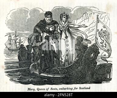 Mary, reine d'Écosse, embarquant pour l'Écosse dans le livre Histoire de l'Angleterre : avec des croquis historiques distincts de l'Écosse, du pays de Galles et de l'Irlande; de l'invasion de Julius Cæsar jusqu'à l'accession de la reine Victoria au trône britannique. Par Russell, John, A. M., publié à Philadelphie par Hogan & Thompso en 1844 Banque D'Images