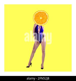 Collage d'art contemporain, design moderne. Ambiance estivale. Modèle féminin orange sur fond tendance et lumineux. Banque D'Images