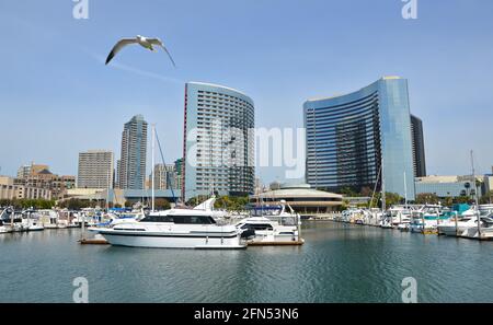 Paysage avec vue panoramique sur le Marriott Marquis Hotel and Marina et les yachts de luxe en premier plan à l'Embarcadero de San Diego en Californie. Banque D'Images